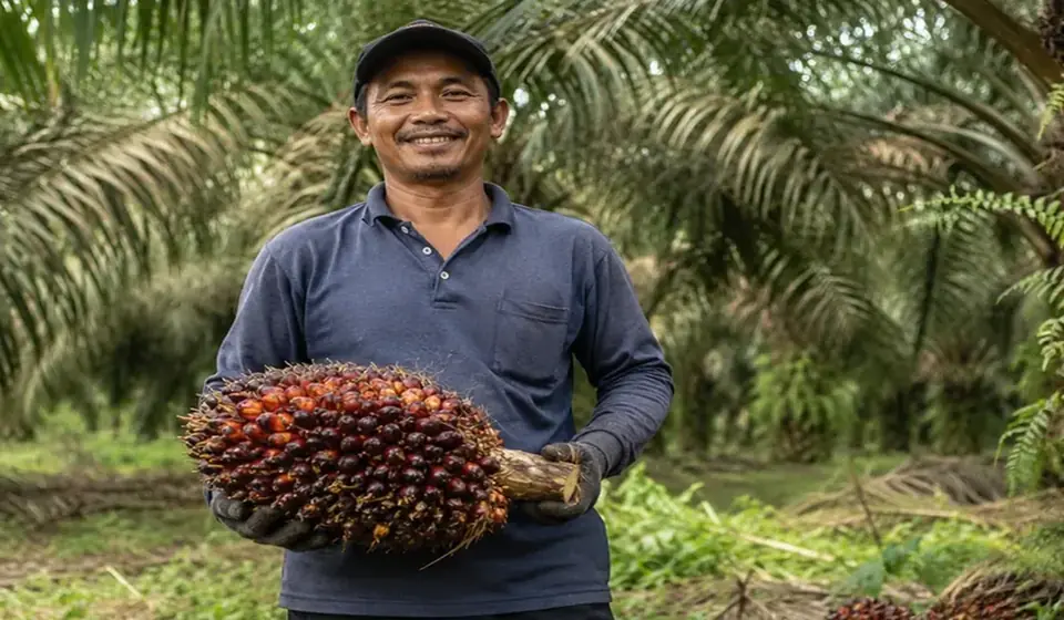 Petani sawit di kebun yang dapat menggunakan PetaniRapi untuk pencatatan